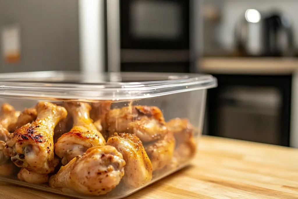 Storing and reheating chicken drumsticks in a meal prep container.