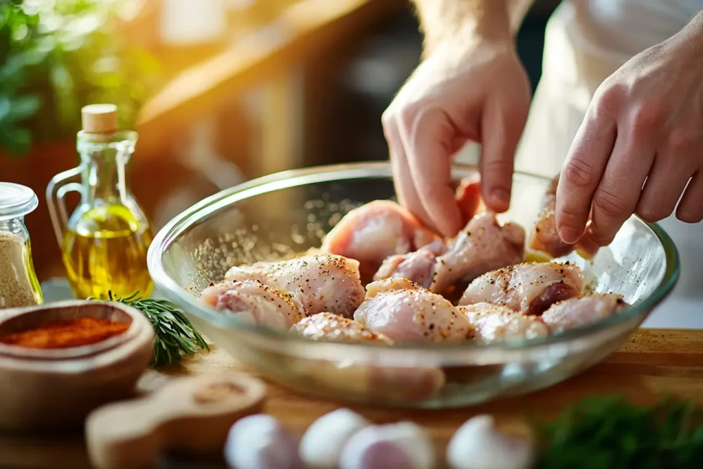 Step-by-step preparation of chicken drumsticks in a kitchen.