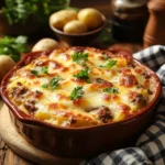 Fresh ingredients including ground beef, sliced potatoes, shredded cheese, and seasonings arranged on a wooden board.