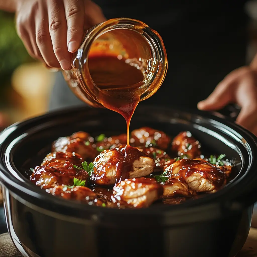  Chicken in a slow cooker being coated with BBQ sauce.