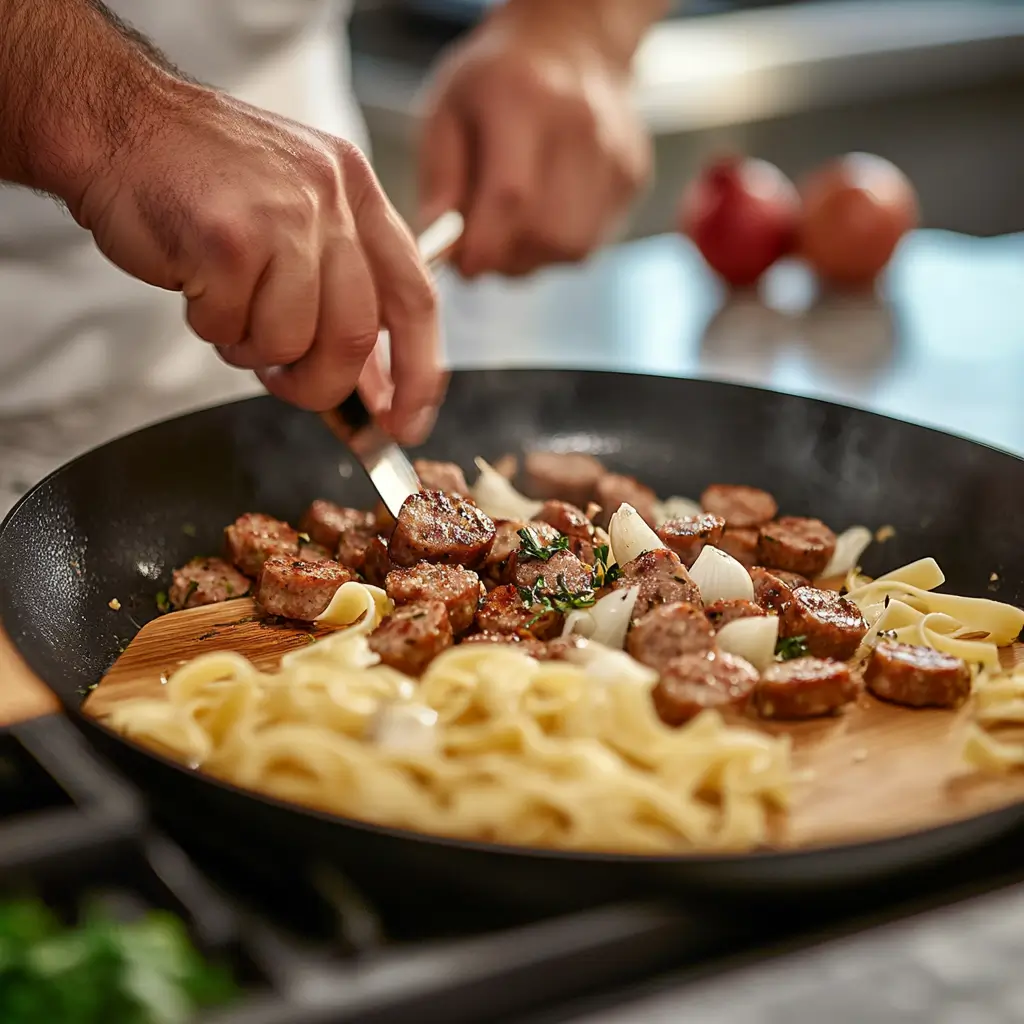 Chef stirring smoked sausage and aromatics in a skillet.