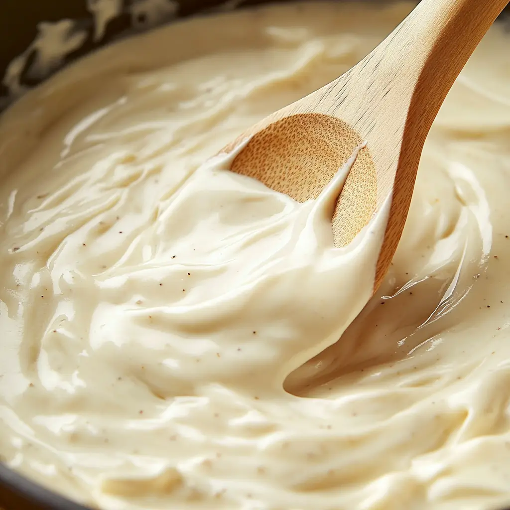 A saucepan with creamy Alfredo sauce being stirred with a wooden spoon