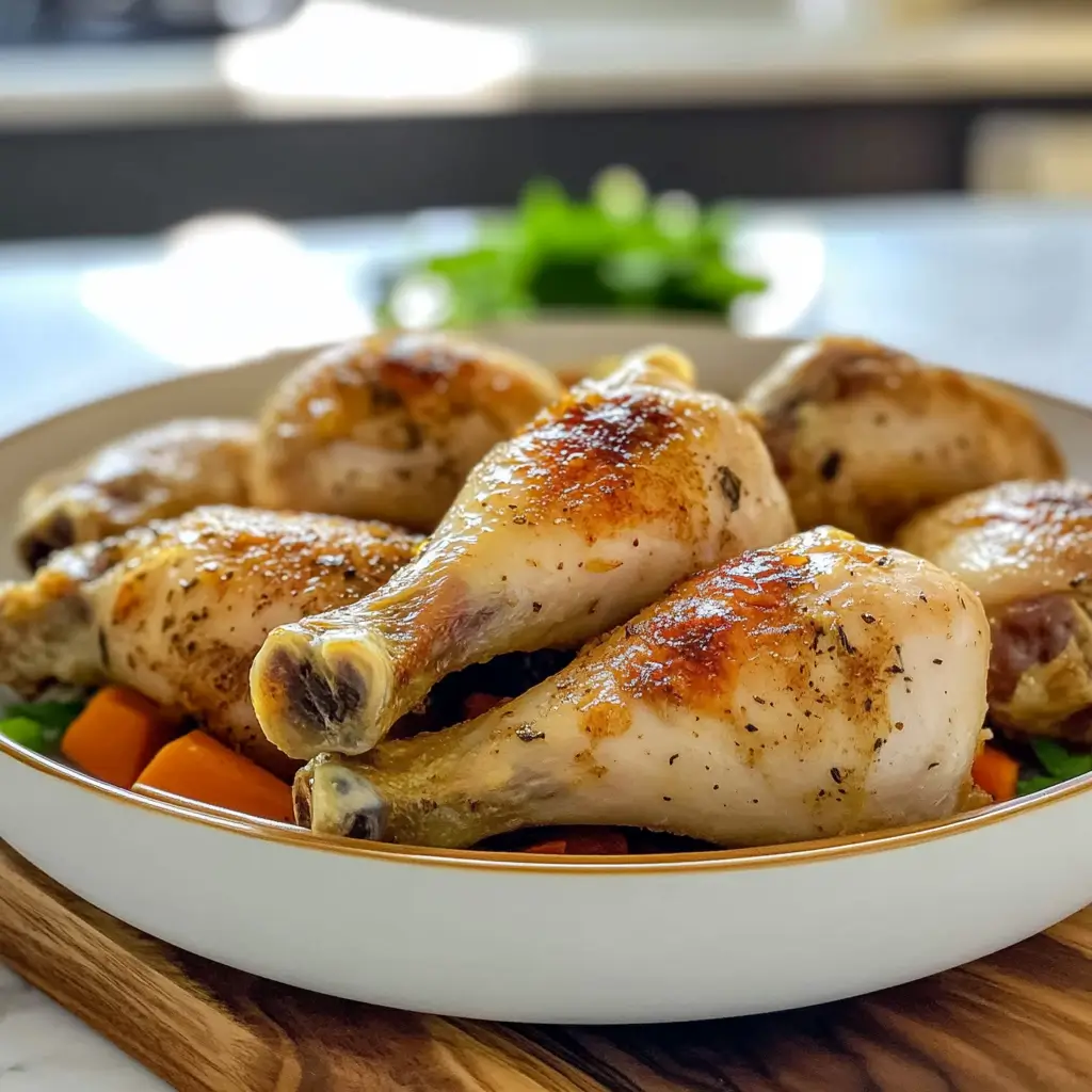 Close-up of crispy chicken drumsticks on a wooden plate.