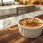 A beautifully plated Crab Brulee with a caramelized sugar crust