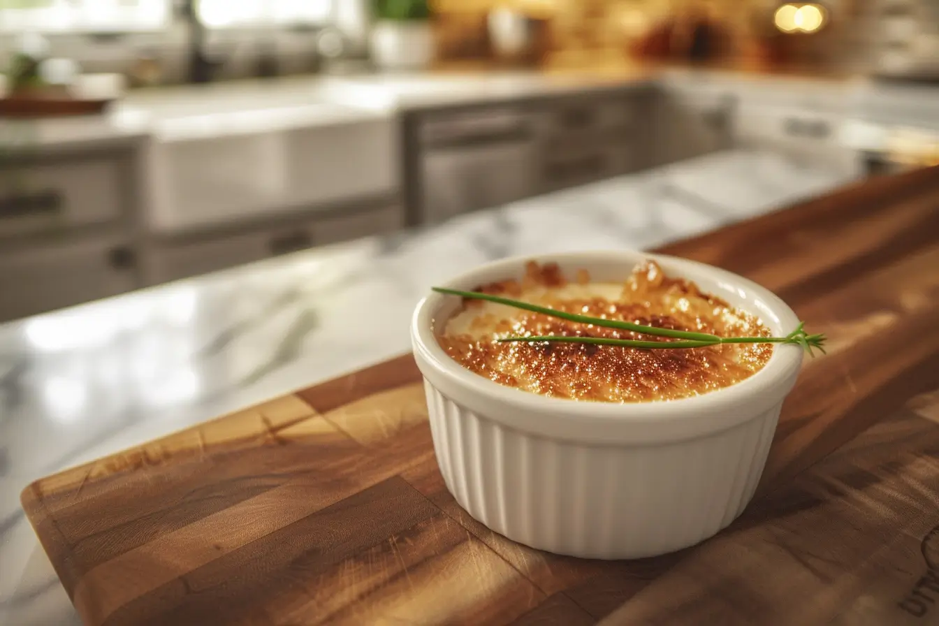 A beautifully plated Crab Brulee with a caramelized sugar crust