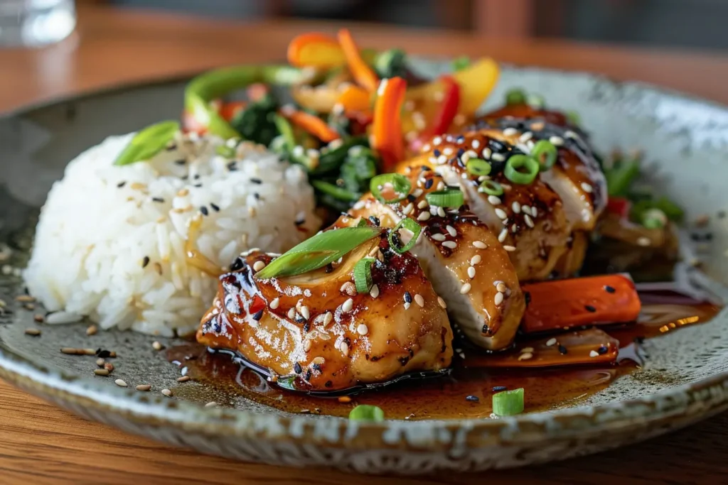 A plated Honey Garlic Chicken dish served with rice and vegetables in a cozy kitchen setting.