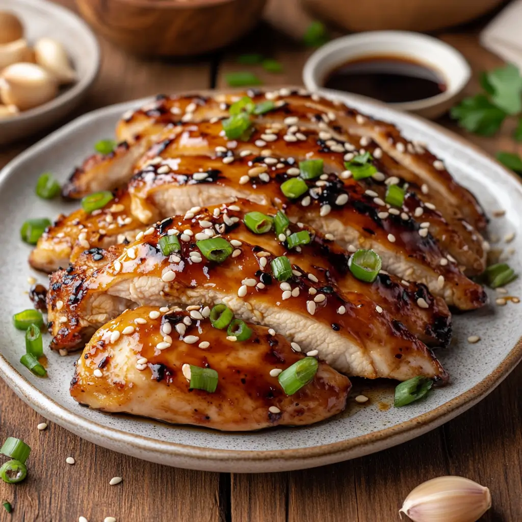 A close-up of Honey Garlic Chicken with sesame seeds and green onions in a beautifully lit kitchen.