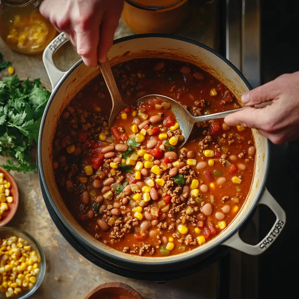 Cooking process of Hearty Taco Soup in a pot.