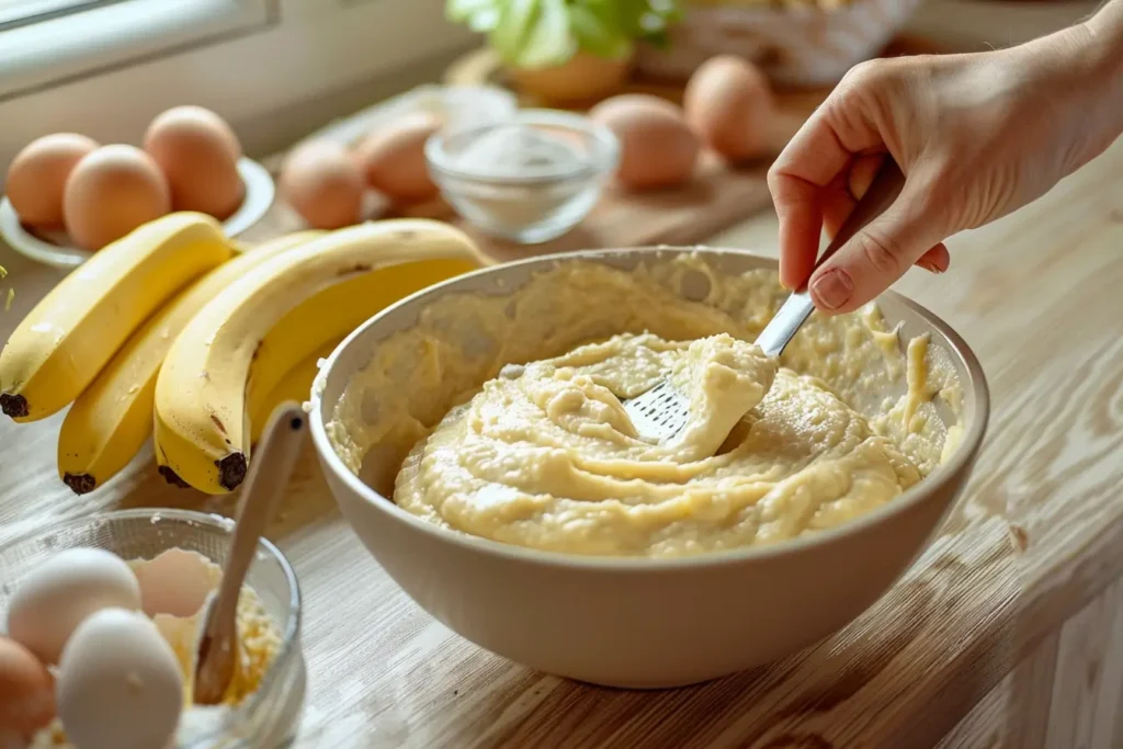 A baker gently folding banana muffin batter in a mixing bowl with a spatula