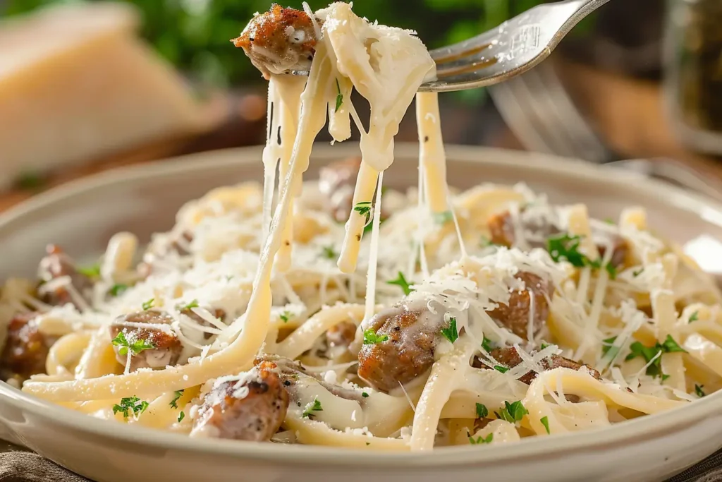 A fork twirling creamy smoked sausage pasta with melted cheese.