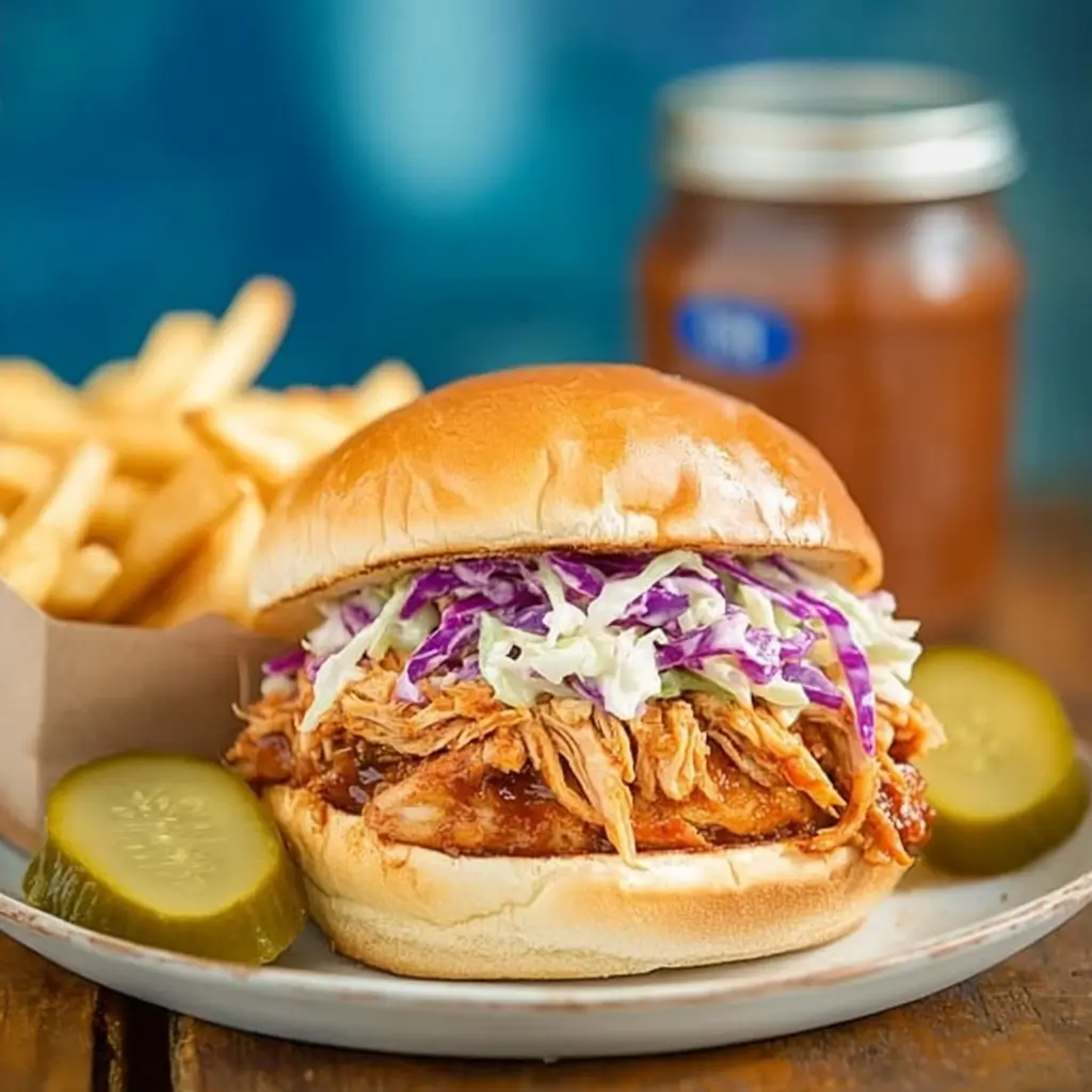 A plate of Slow Cooker BBQ Chicken sandwiches with coleslaw.