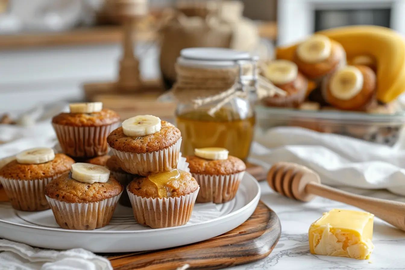A plate of mini banana muffins dusted with powdered sugar
