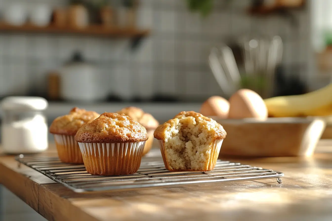 Golden brown banana muffins cooling on a wire rack in a cozy kitchen