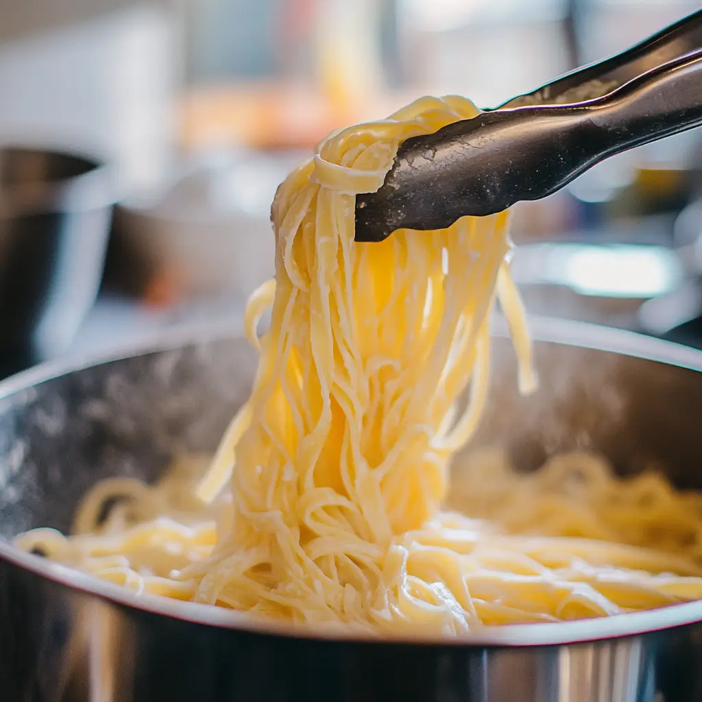 Fettuccine pasta being lifted with tongs from boiling water