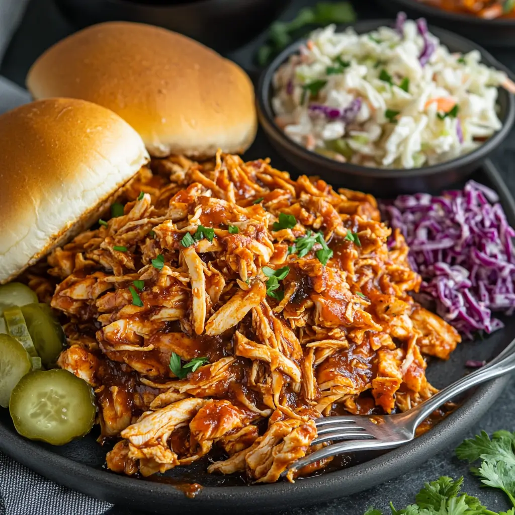 Shredded Slow Cooker BBQ Chicken ready to be served.