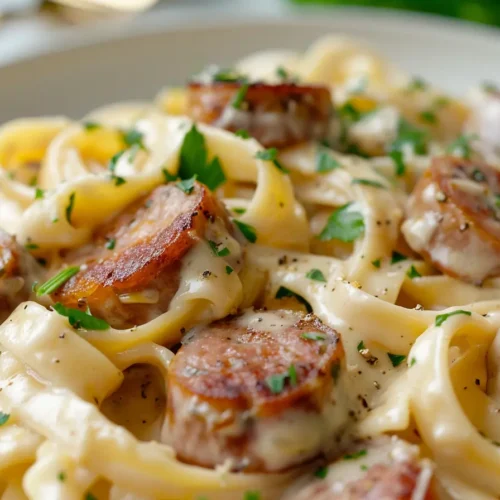 Smoked Sausage Pasta served in a bowl with creamy sauce and cheese.