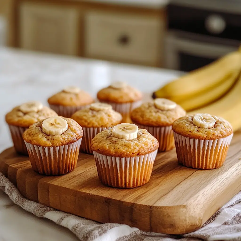 Freshly baked mini banana muffins on a wooden table.