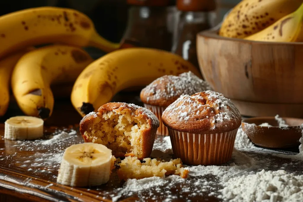 Why Are My Banana Muffins Soggy? A batch of banana muffins with a wet, undercooked center on a kitchen counter