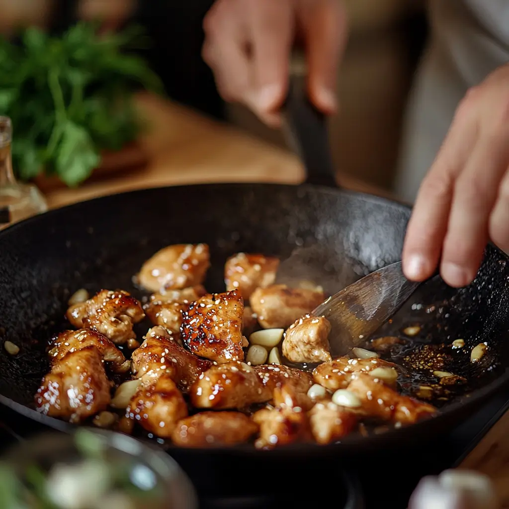 A home cook preparing Honey Garlic Chicken, chopping garlic and searing chicken in a skillet.