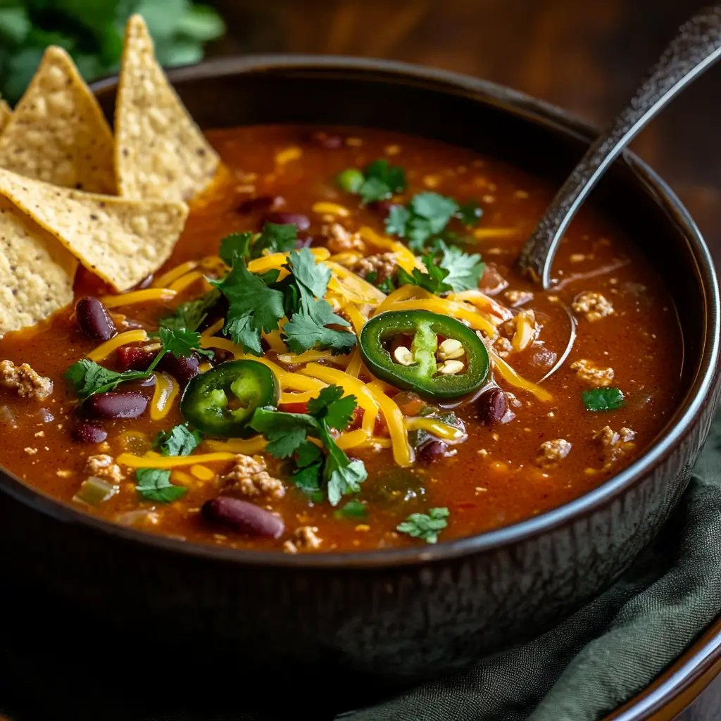  A bowl of Hearty Taco Soup garnished with toppings.