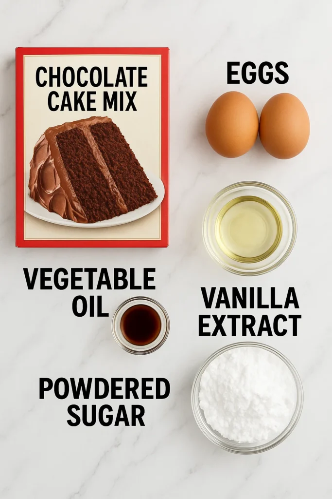 Ingredients for chocolate crinkle cookies with cake mix