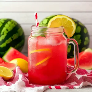 Watermelon lemonade in a mason jar with lemon and mint
