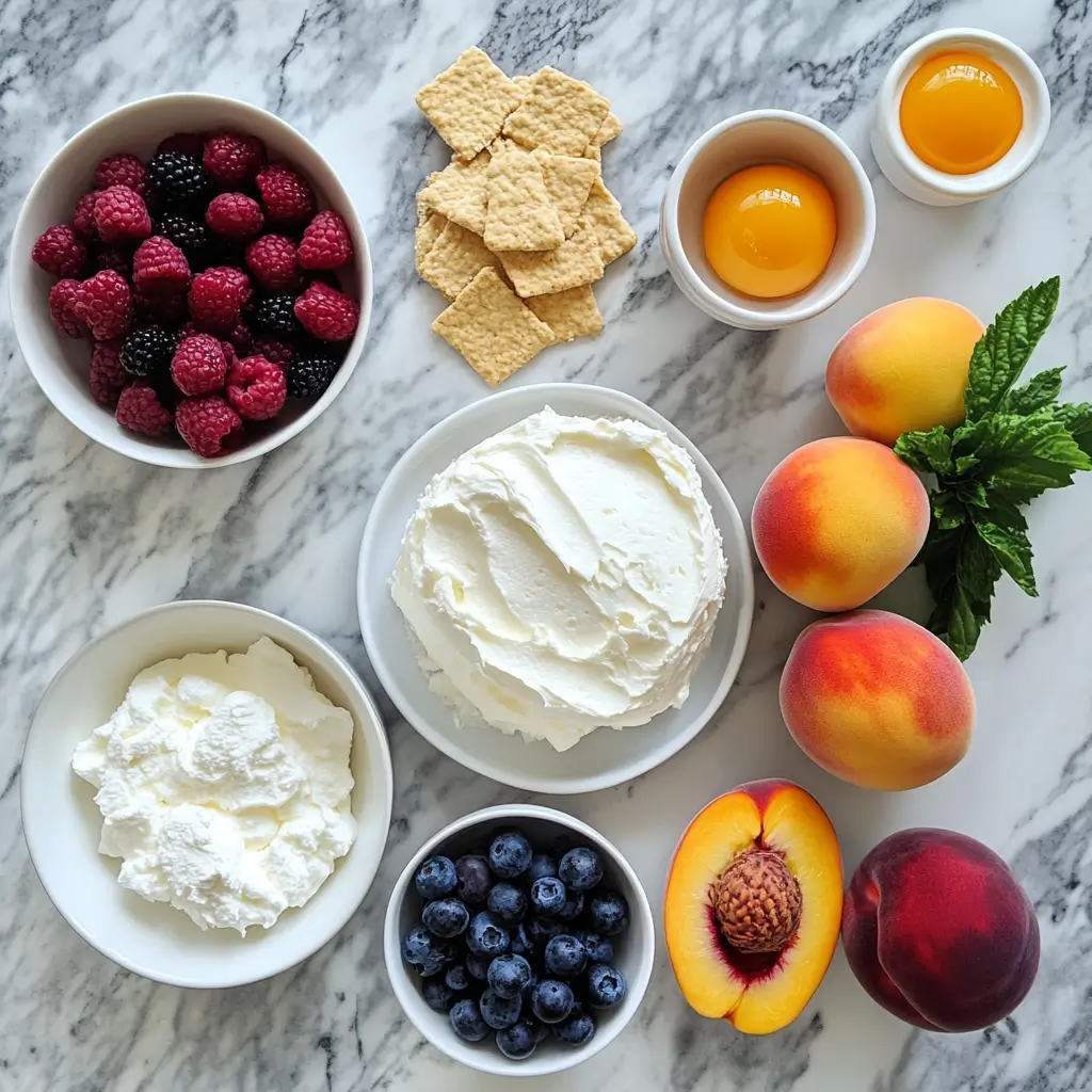 Cheesecake ingredients including berries and peaches