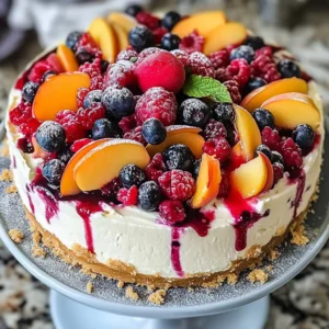 Summer berry and peach cheesecake on rustic table