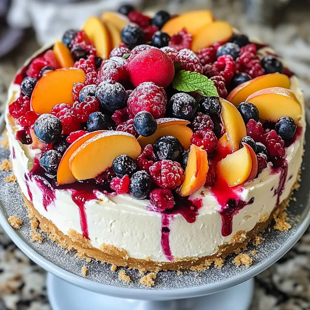 Summer berry and peach cheesecake on rustic table