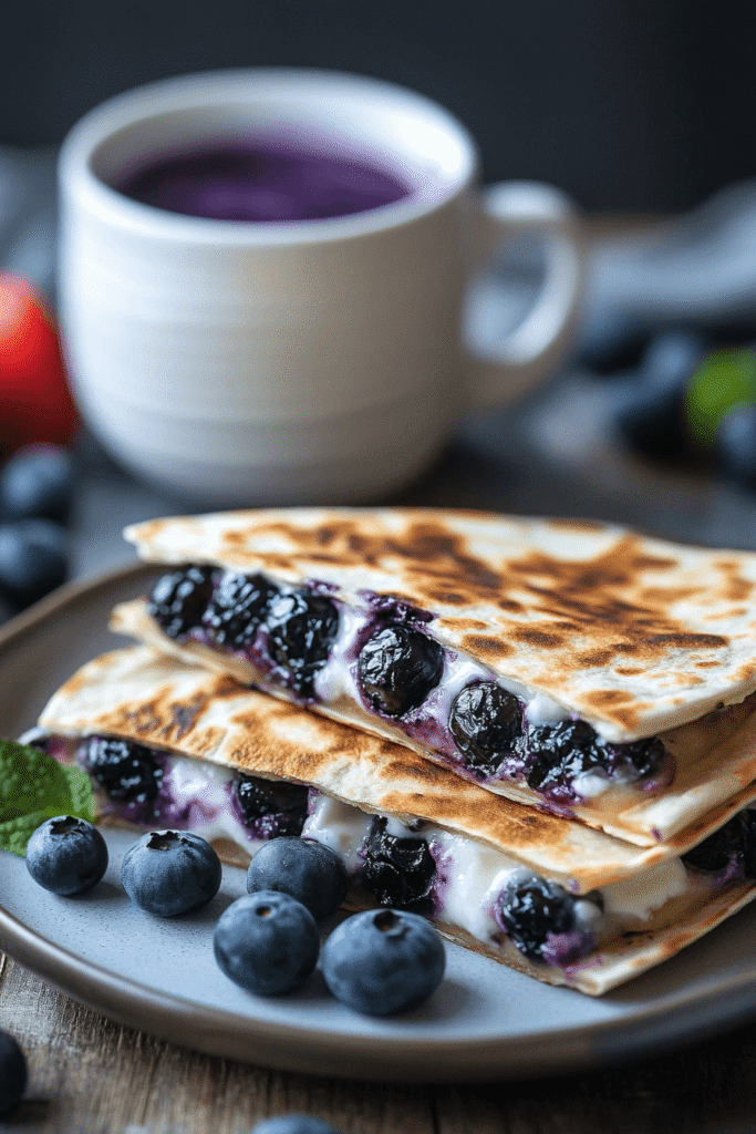 Blueberry breakfast quesadilla served with yogurt and fruit