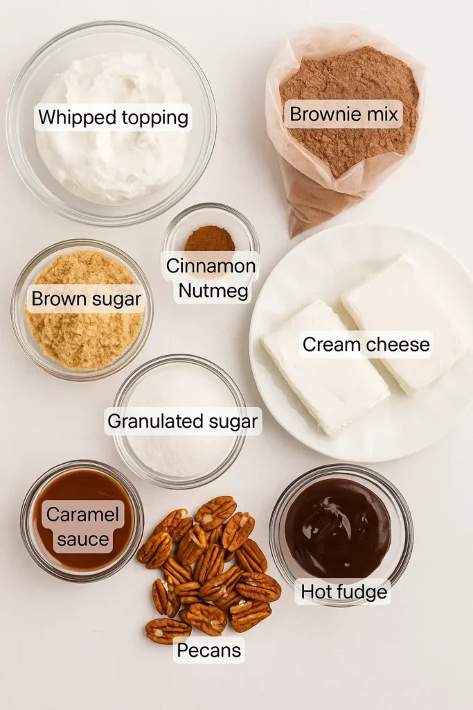 Ingredients for No-Bake Turtle Brownie Cheesecake