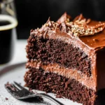 chocolate guinness cake slice on rustic table