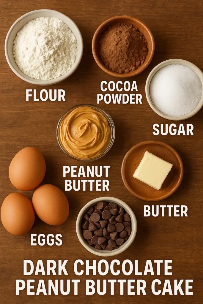Dark Chocolate Peanut Butter Cake ingredients laid out on table