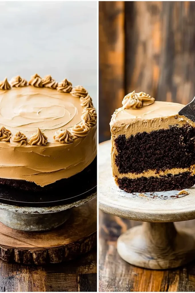 Frosting Dark Chocolate Peanut Butter Cake with peanut butter frosting steps