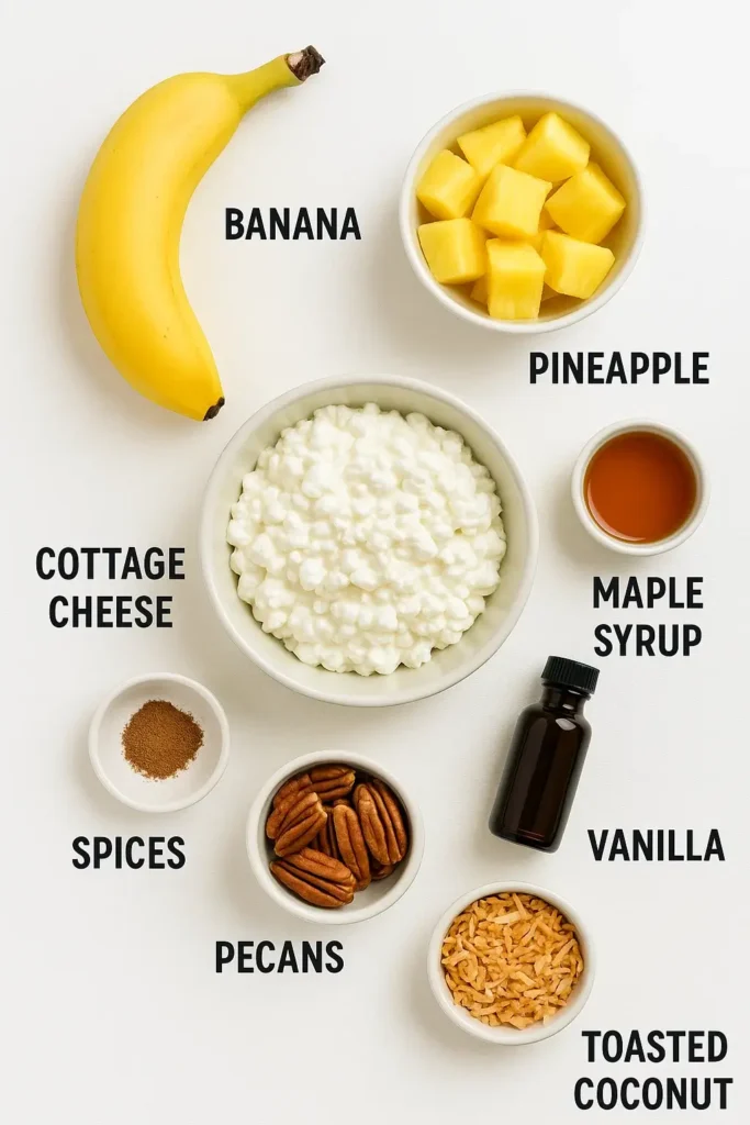 Ingredients for Hummingbird Cake Cottage Cheese Bowl
