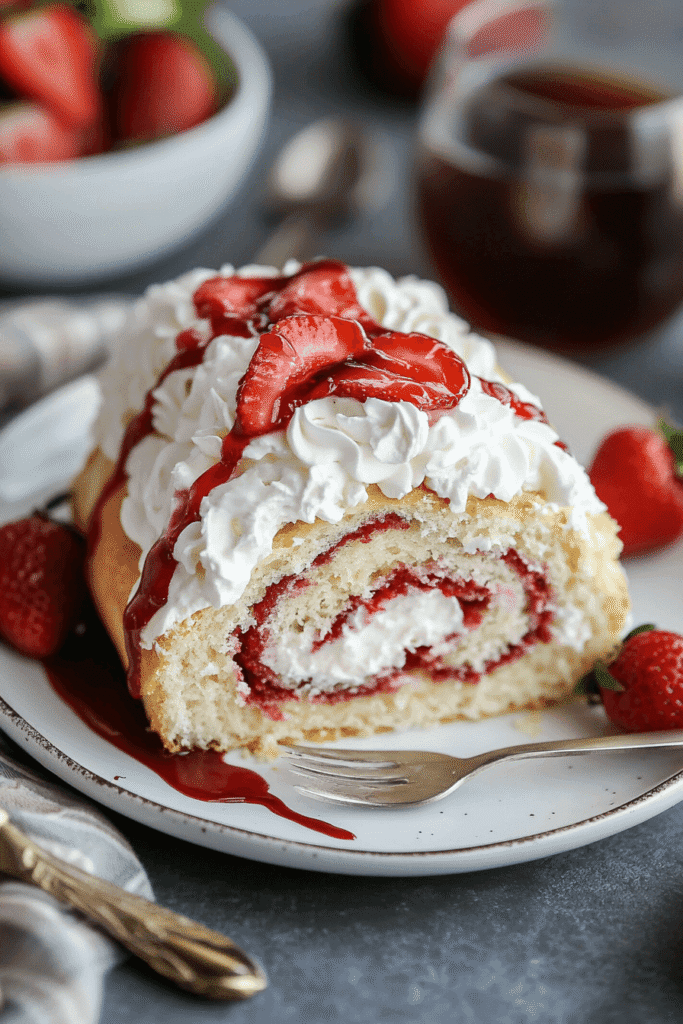 Serving suggestion for Homemade Strawberry Shortcake Cheesecake Roll
