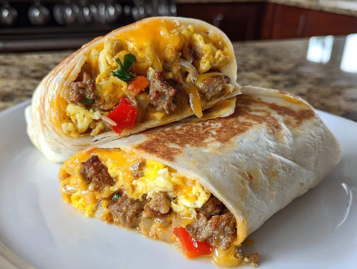 Cheesy Sausage Breakfast Burritos