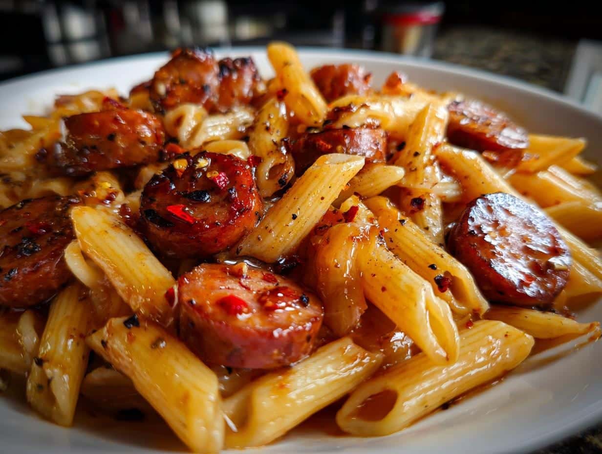 irresistible One Skillet Spicy Honey BBQ Sausage & Pasta in 20 Minutes