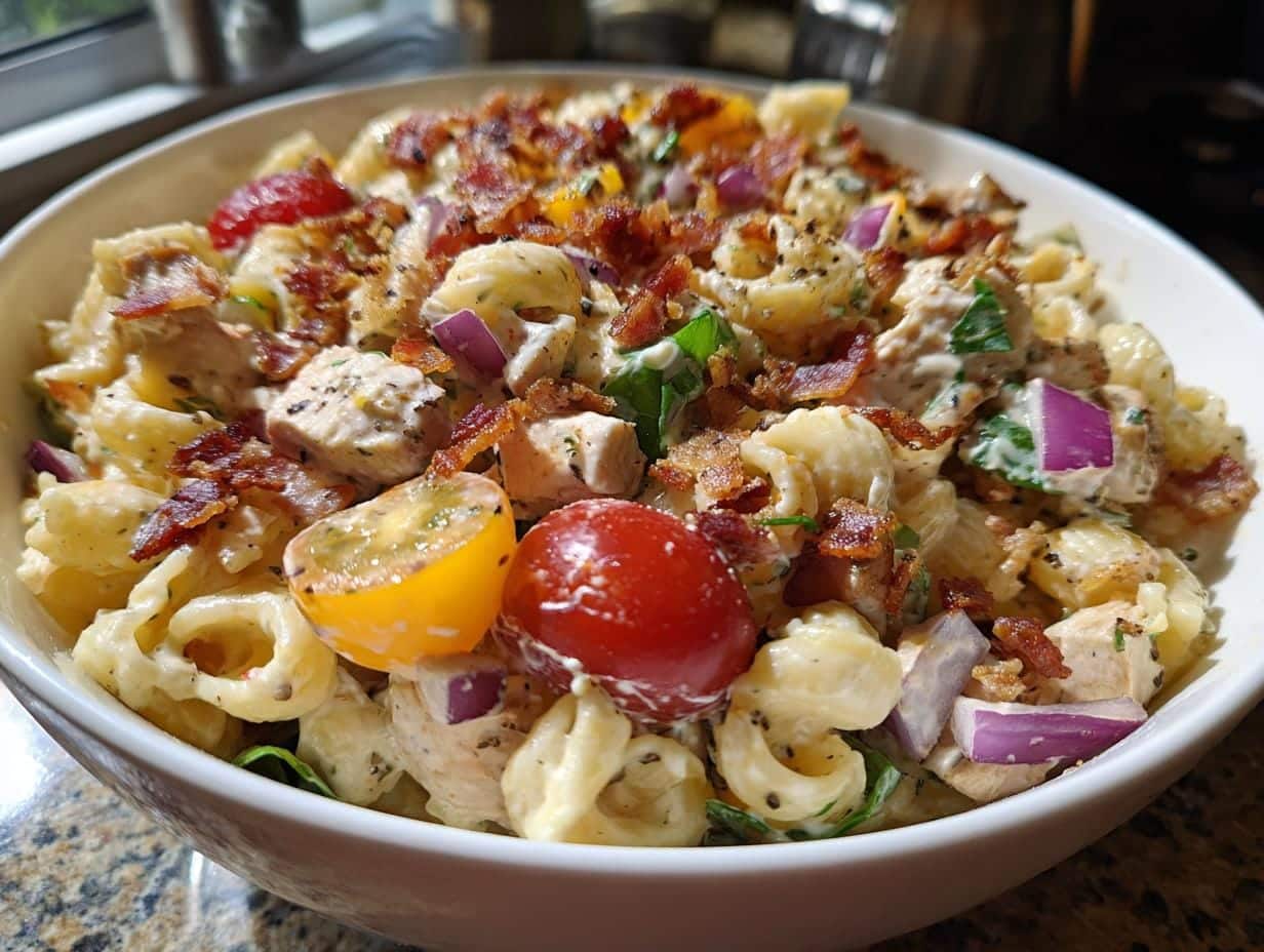 27g Protein-Packed Chicken Ranch BLT Pasta Salad – Irresistibly Delicious!