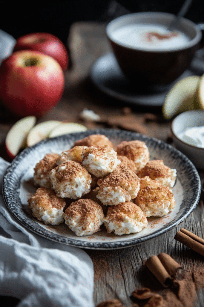 Cottage cheese bites served with tea and fruit