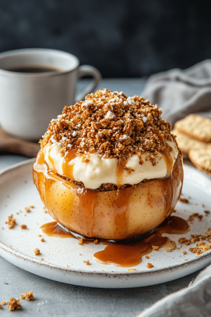 served cheesecake stuffed baked apple