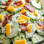 Creamy cucumber salad with bacon and cheese in rustic bowl