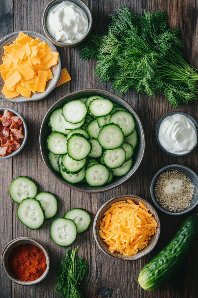 Ingredients for creamy cucumber salad with bacon and cheese