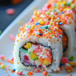 Fruity Pebbles Sushi on white plate
