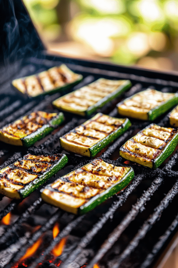 grilled zucchini on grill with herbs and char marks