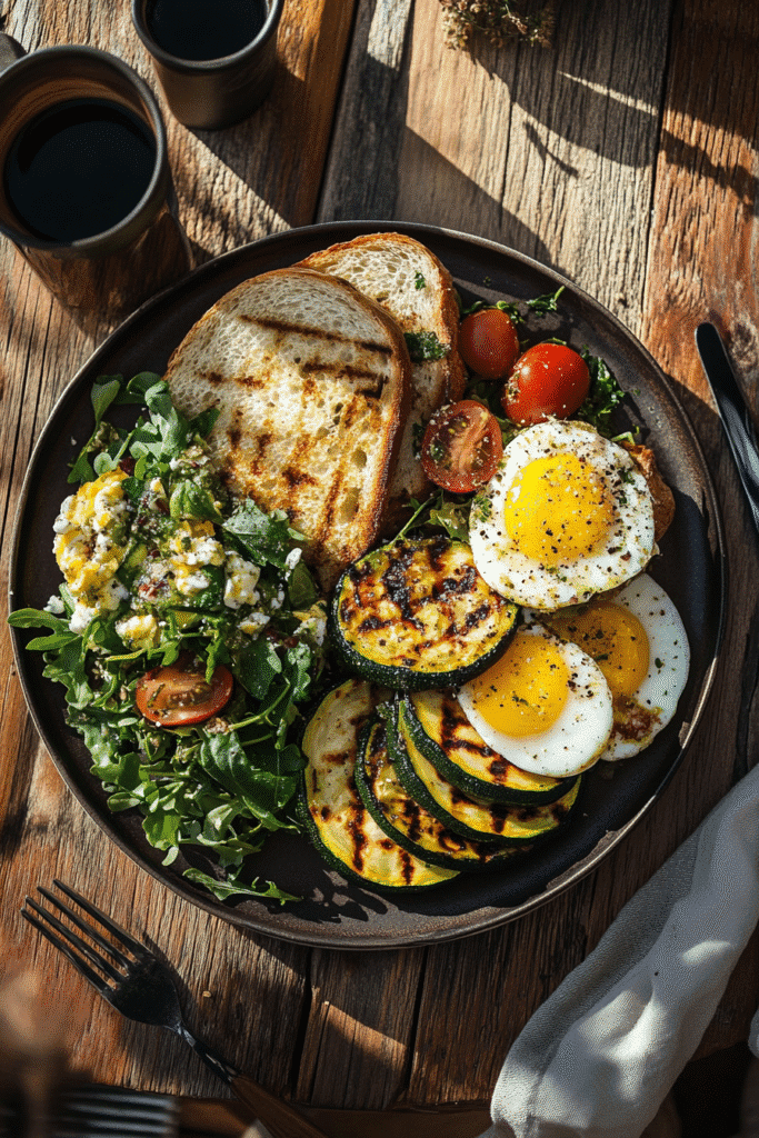 grilled zucchini on grill with herbs