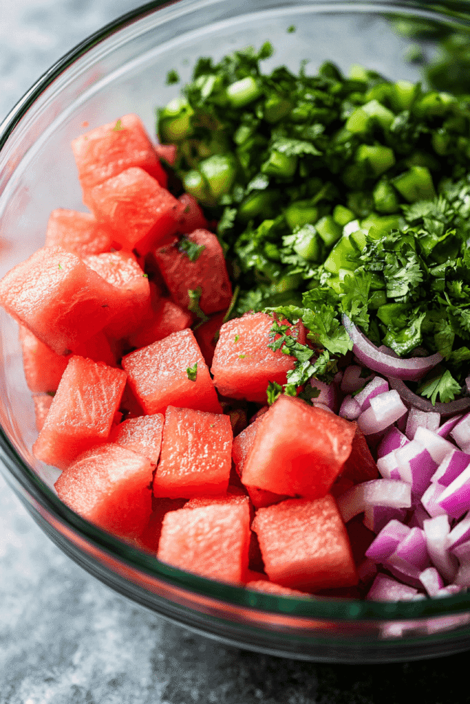 Mixing chilled watermelon salsa