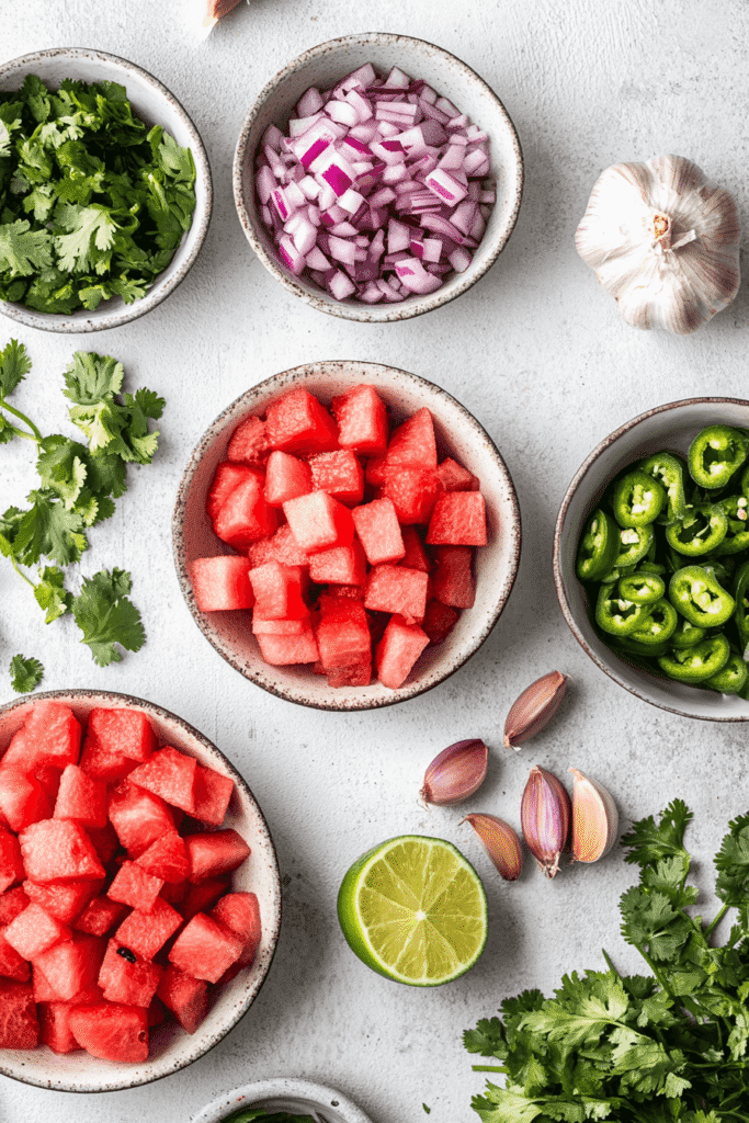 Ingredients for chilled watermelon salsa
