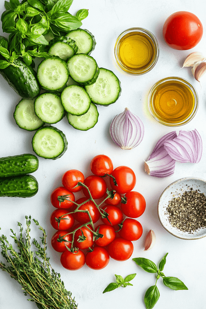Ingredients for marinated cucumber tomato onion salad