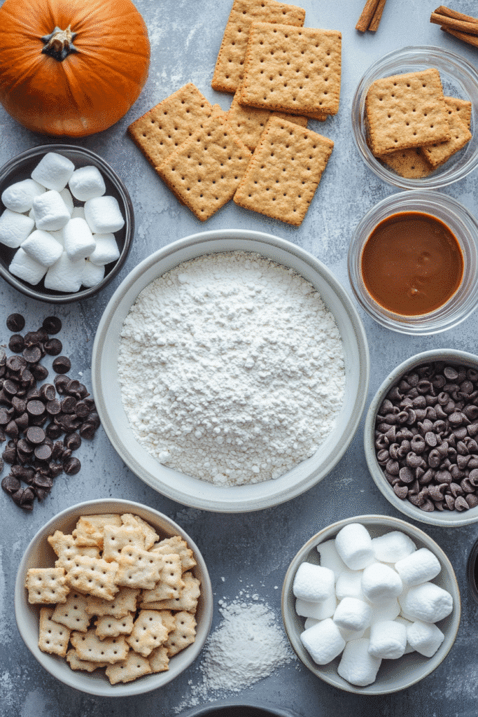 Ingredients for Pumpkin S mores Cookies arranged flat